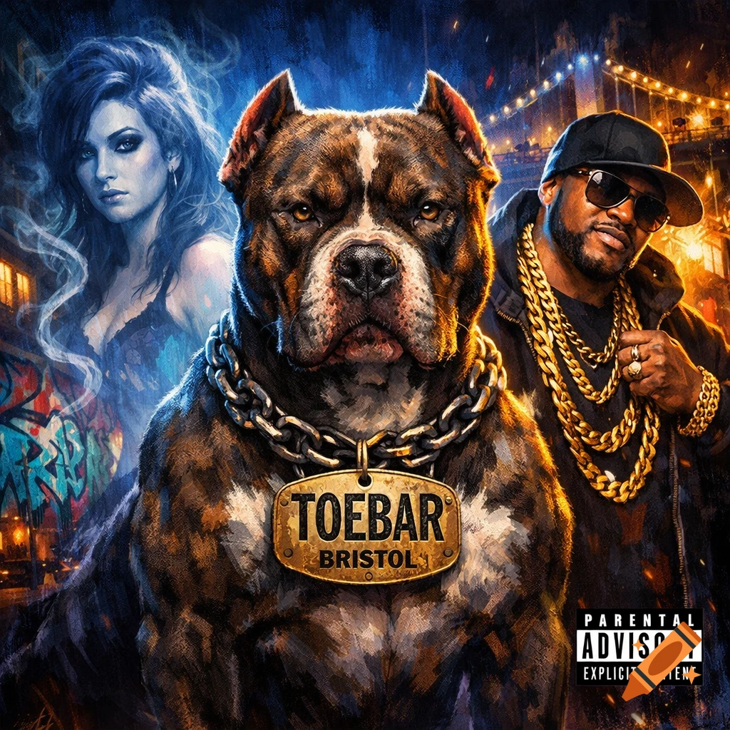 Painting of an album cover featuring a tough pitbull with a 'TOEBAR BRISTOL' tag, flanked by a woman and a rapper in gold chains, set against an urban night backdrop.