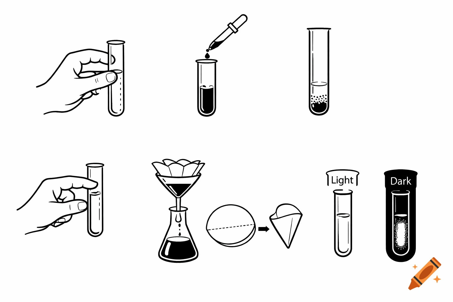 Black and white line drawings illustrating a chemistry experiment with test tubes, filtration, and light/dark comparisons.