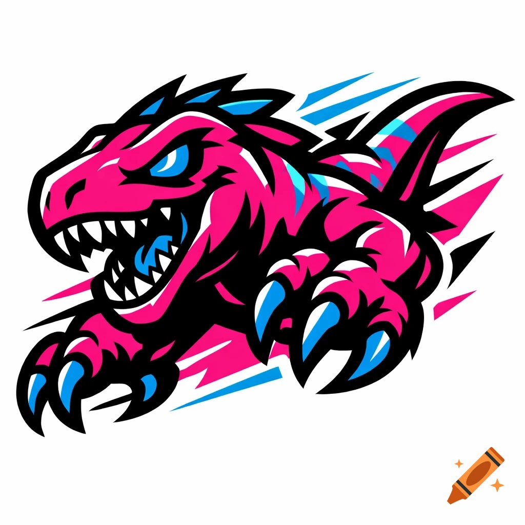 Cartoonish, fierce pink, blue, and black raptor logo with sharp claws and speed lines.