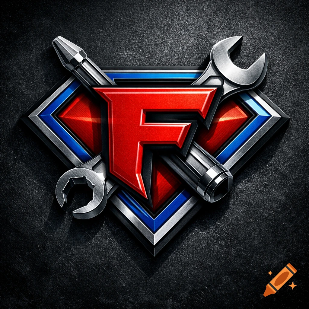 A stylized red letter F in a superhero diamond emblem with a blue border, crossed with a screwdriver and wrench, against a dark textured background.