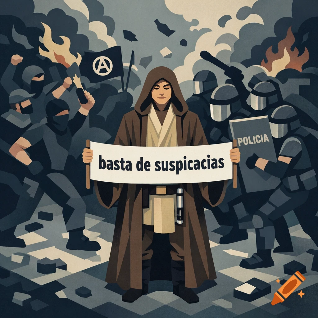 A Jedi in a brown robe holds a banner saying 'basta de suspicacias' between masked anarchists and police in a stylized protest scene.