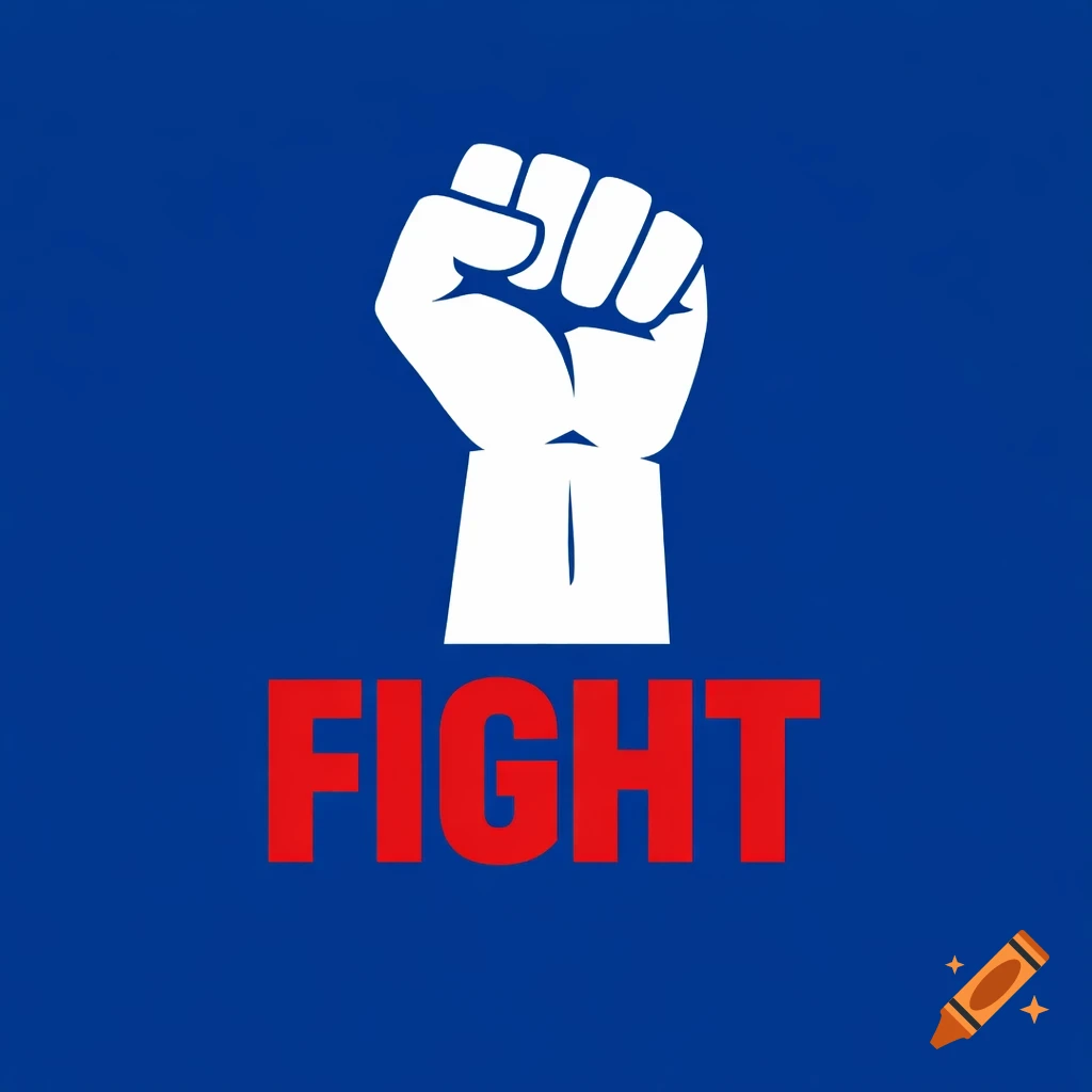 White raised fist above the word FIGHT in red, set against a solid blue background in a graphic art style.