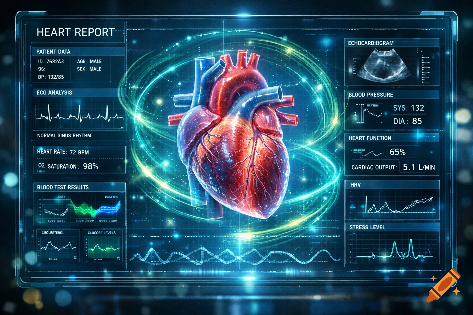 A futuristic holographic display shows a human heart with glowing rings, surrounded by medical data, graphs, and a 'HEART REPORT' title.