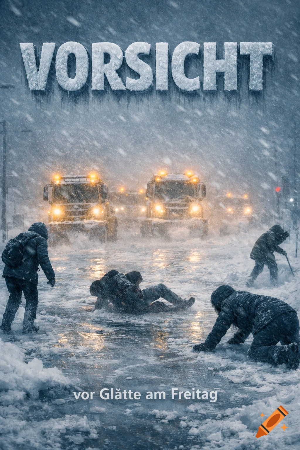 Photorealistic snowy street scene with people slipping on ice, snow removal trucks, and warnings 'VORSICHT' and 'vor Glätte am Freitag'.
