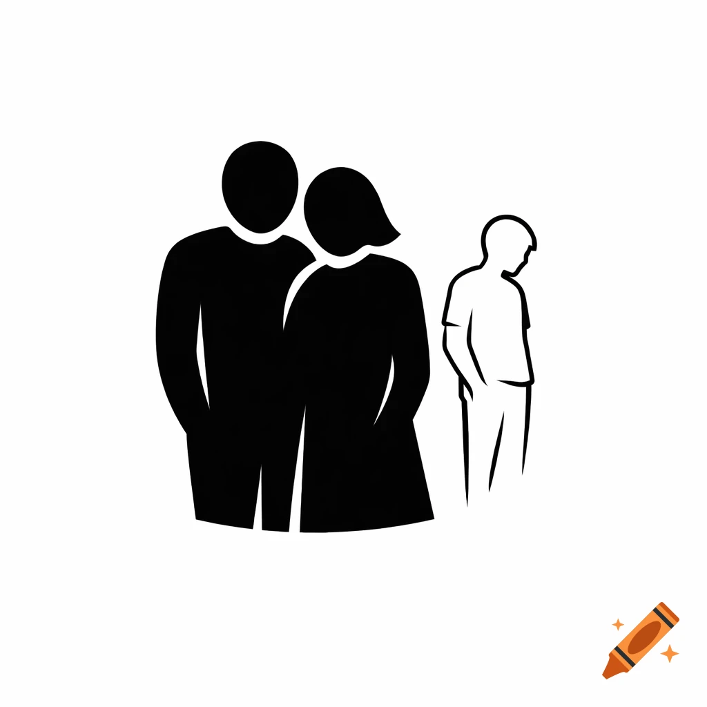 Black and white graphic of two adult silhouettes standing close, with a white outlined child looking down and set apart.
