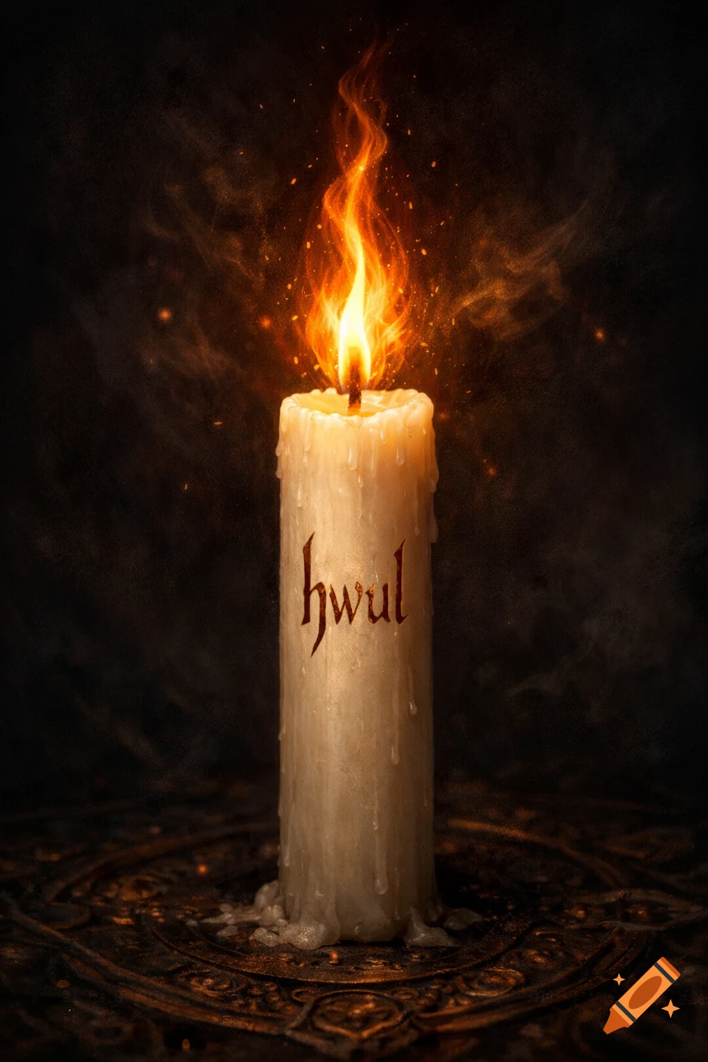 A white candle with an orange magical flame and the inscription 'hwul' on its shaft, in a dark, fantasy setting.