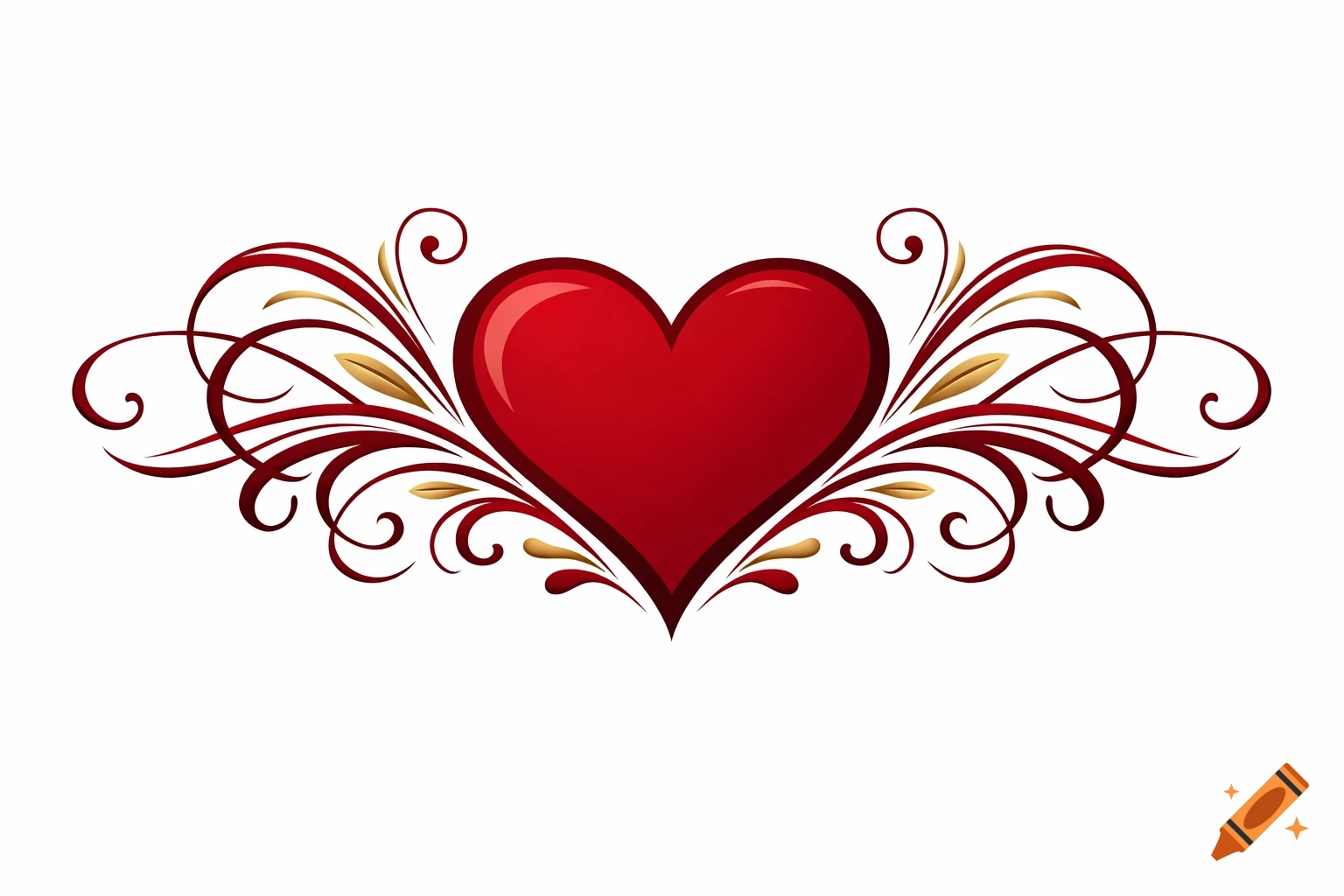 A glossy red heart with gradient shading, surrounded by ornate dark red and gold swirling calligraphic designs on a white background.