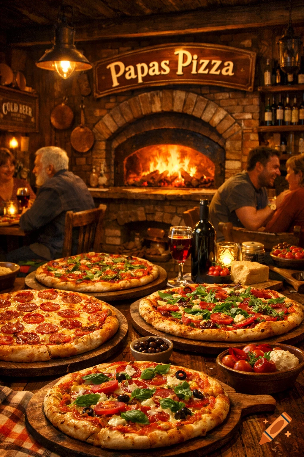 A warm, inviting pizzeria scene with several freshly baked pizzas on wooden boards in the foreground, and diners, a wood-fired oven, and wine bottles in the background.
