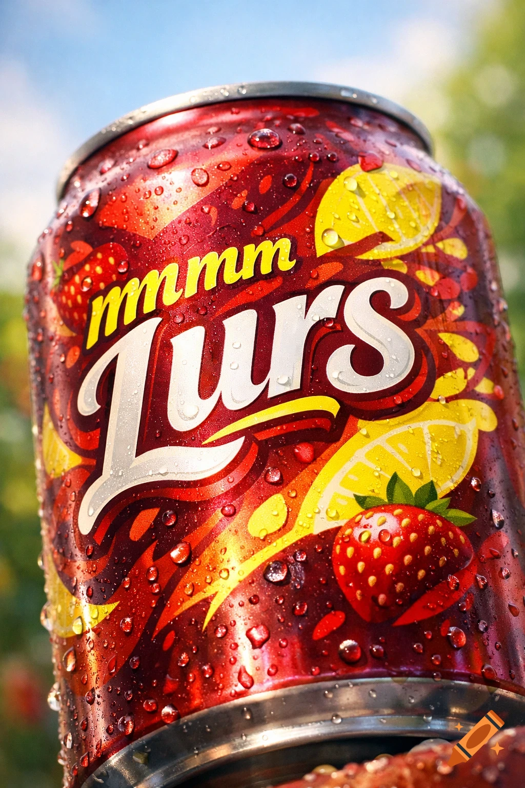 Close-up of a cold, condensation-covered red soda can with 'mmmm Lurs' text, strawberries, and lemon slices.