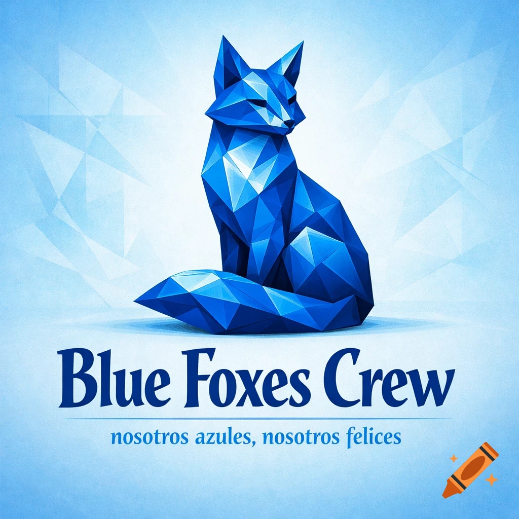 A stylized blue geometric fox sitting on a light blue background, with 'Blue Foxes Crew' and 'nosotros azules, nosotros felices' below.
