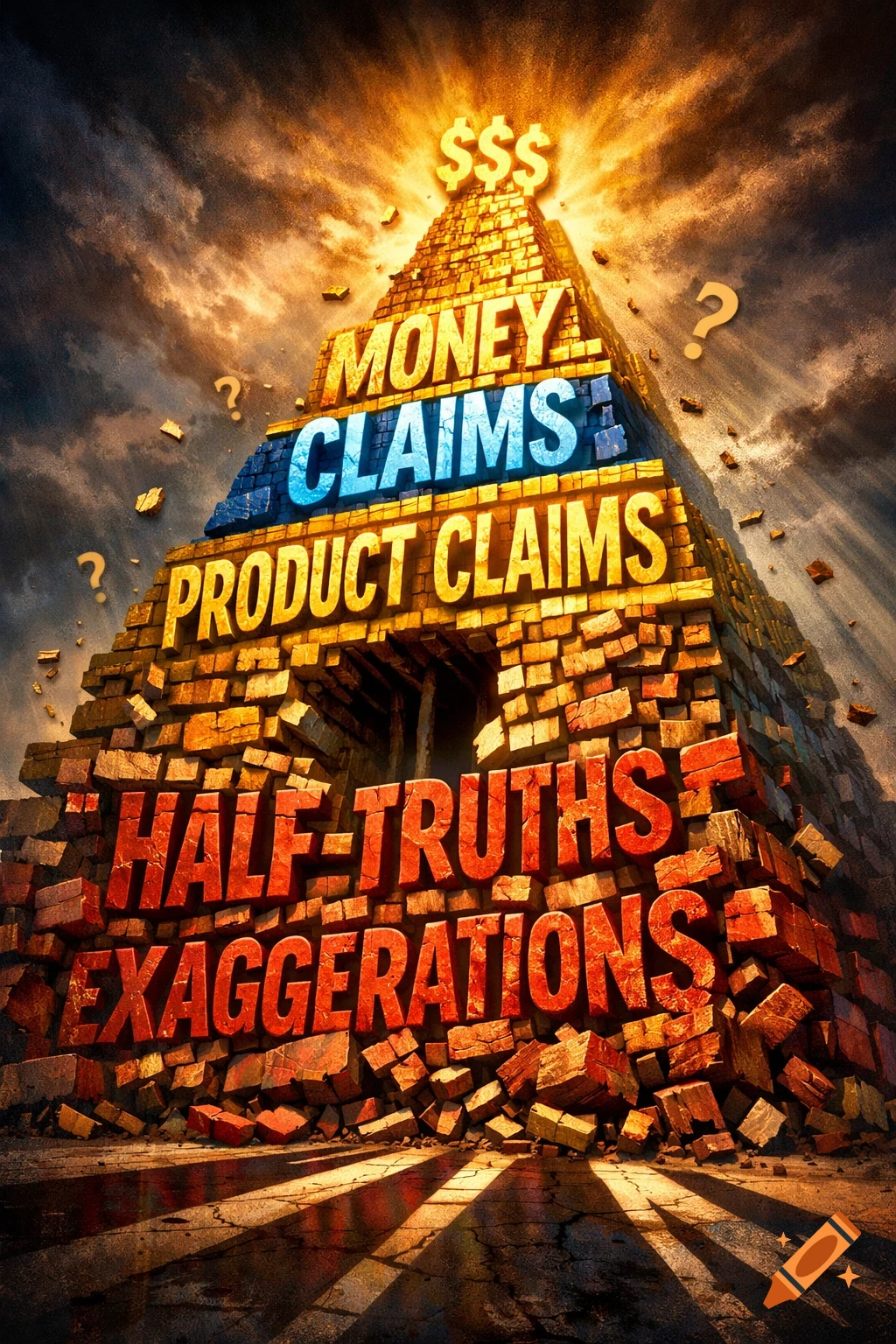A dramatic pyramid built from brick-like words, with layers reading 'MONEY CLAIMS', 'PRODUCT CLAIMS', and 'HALF-TRUTHS EXAGGERATIONS'. Dollar signs glow at the peak.