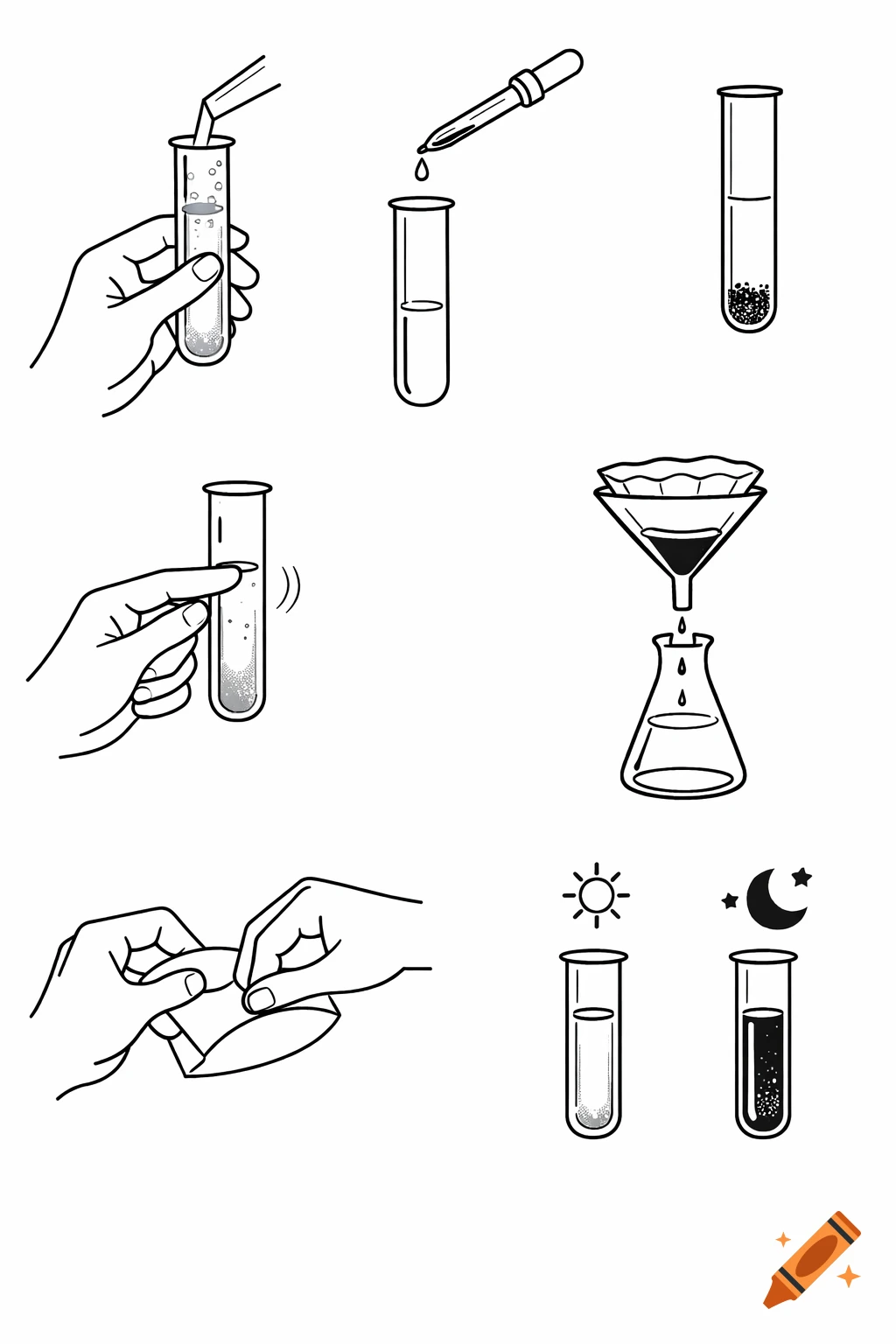 Black and white line drawings illustrating chemistry procedures: filling a test tube, using a dropper, precipitation, tapping a test tube, filtration, folding filter paper, and comparing substances in light and dark.