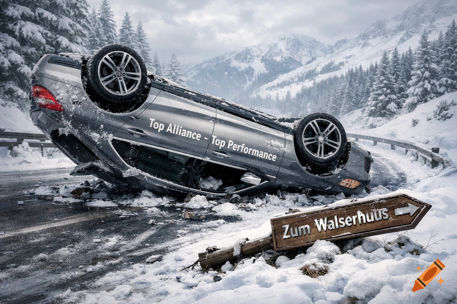 A dark grey car is overturned on its roof in a snowy mountain road, with a broken wooden sign in the foreground. Photorealistic.