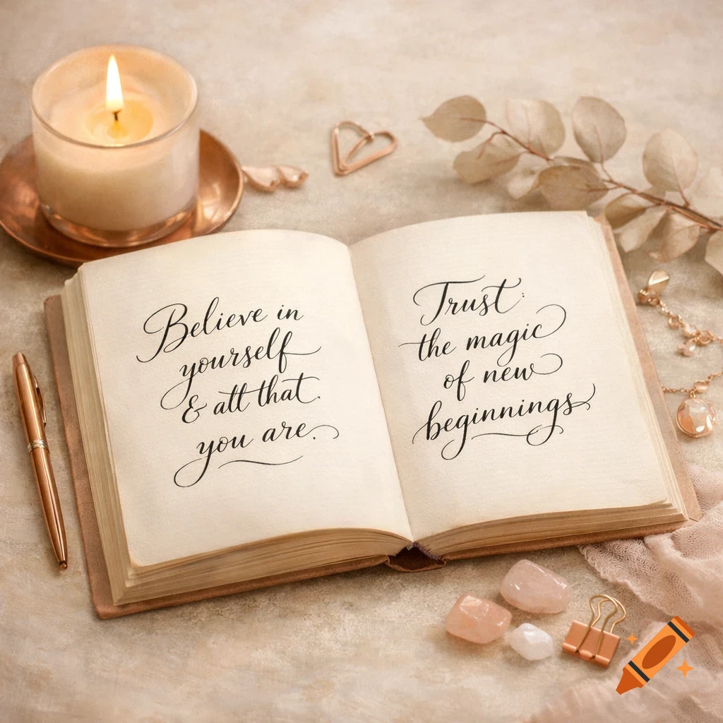 Soft editorial flatlay of an open book with inspirational quotes, a lit candle, and decorative items in neutral beige and rose tones.