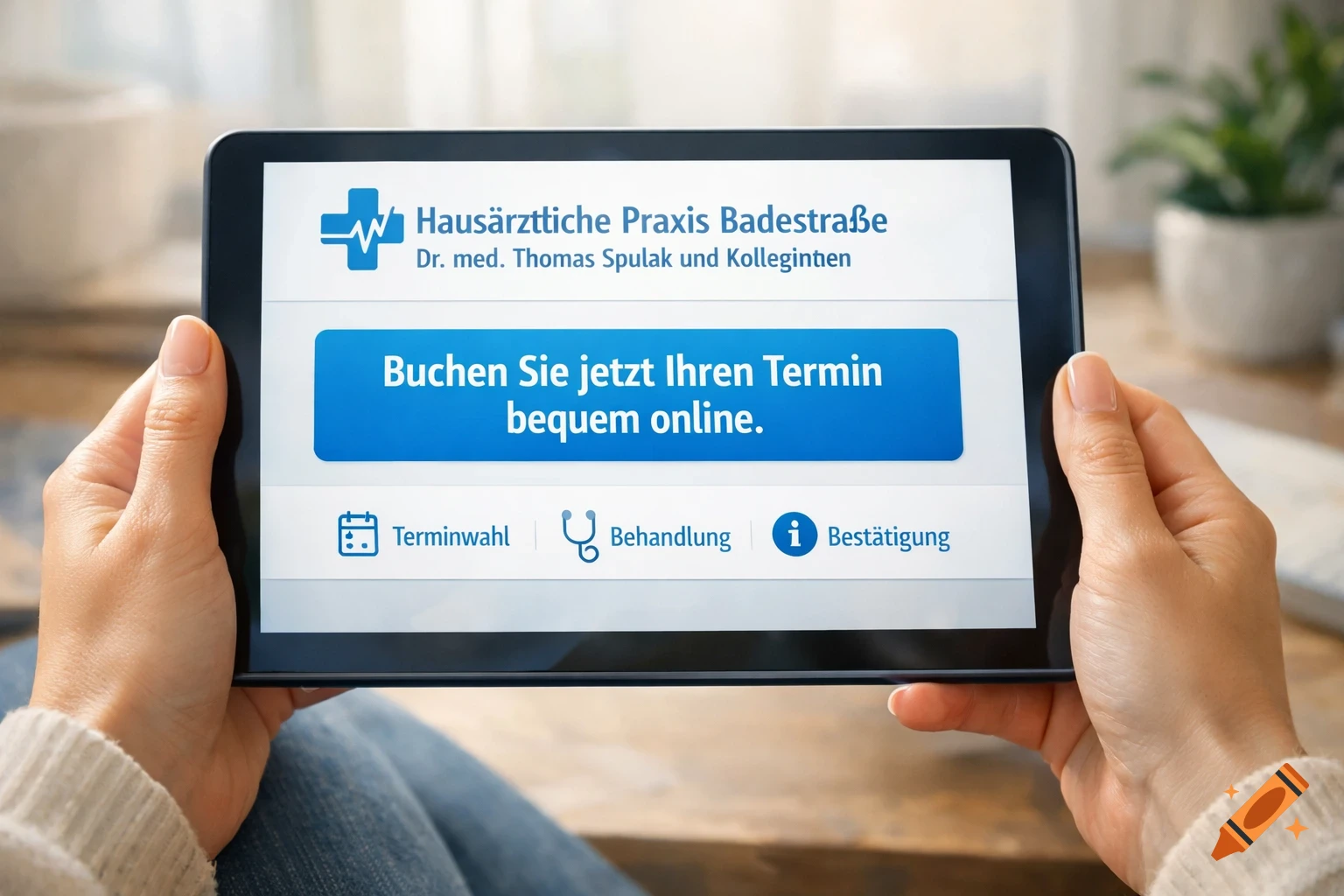 Close-up of hands holding a tablet displaying an online appointment booking page for a doctor's office in German.