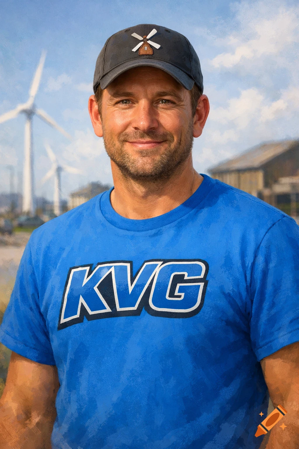 Smiling man in blue KVG t-shirt and windmill cap outdoors near wind turbines, digital painting.