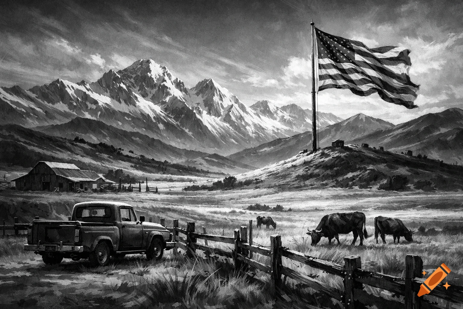Black and white artwork depicting a vast rural landscape with mountains, a ranch, a pickup truck, grazing cows, and a large American flag waving on a distant hill.