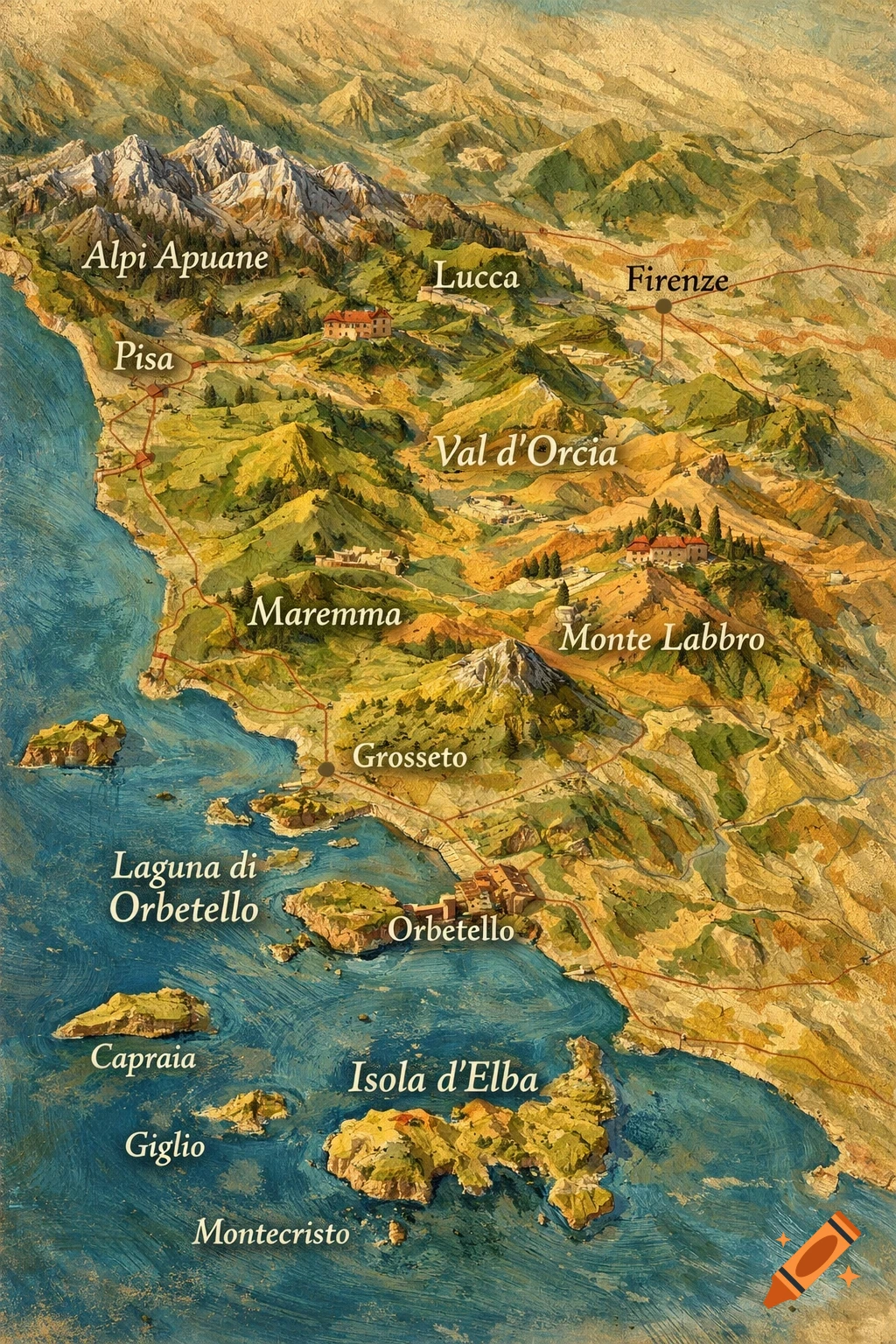 An antique-style, painted relief map of Tuscany, Italy, showing mountains, green hills, coastline, and islands with cities like Lucca, Pisa, Firenze, and various natural landmarks labeled.