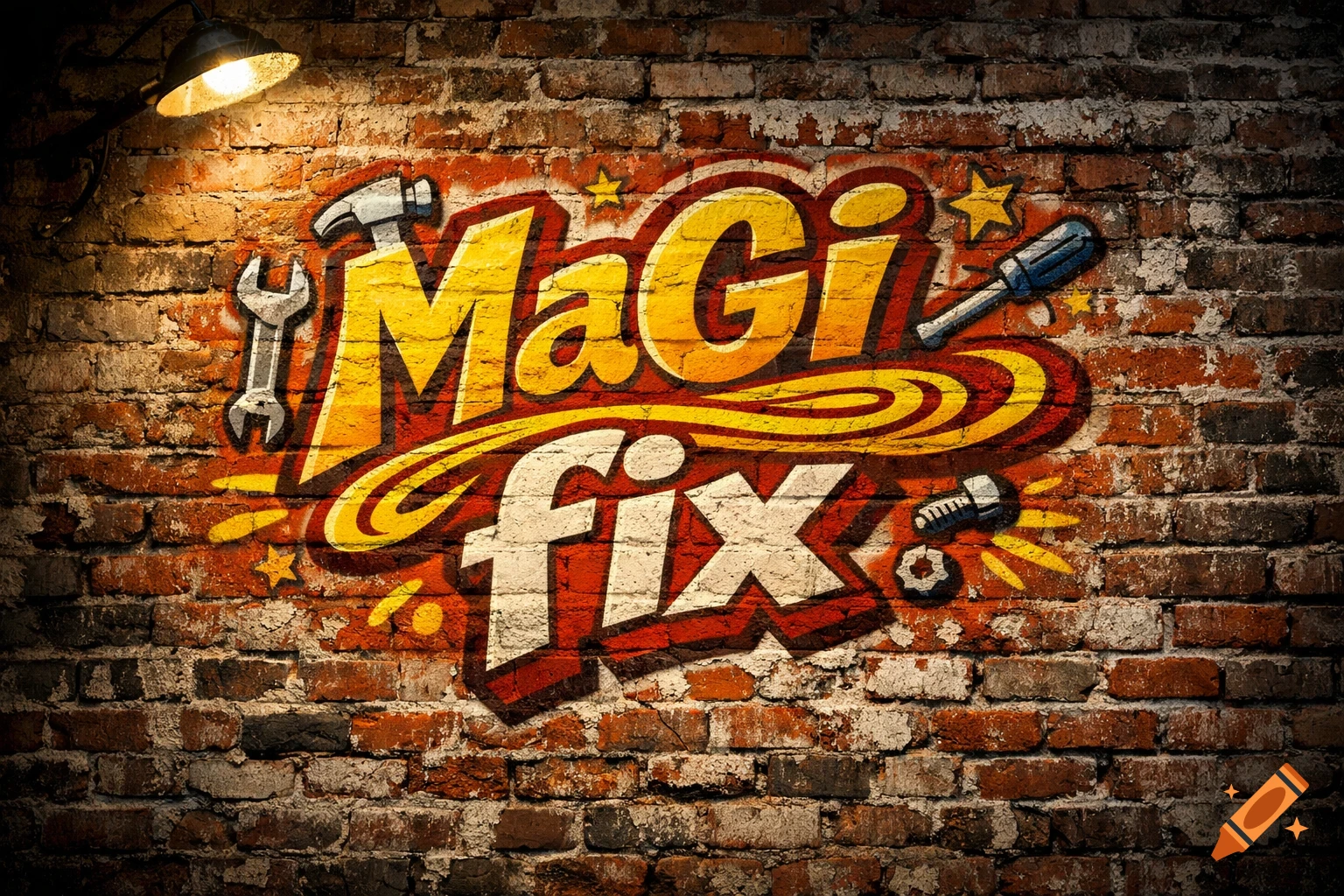 Graffiti logo for 'MaGi fix' with a wrench, hammer, and screwdriver on a brick wall, illuminated by a spotlight.