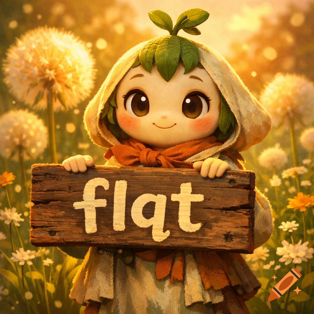 A cute, big-eyed, plant-like creature in a leafy hood holds a wooden 'flqt' sign in a sunny dandelion field, digital art.