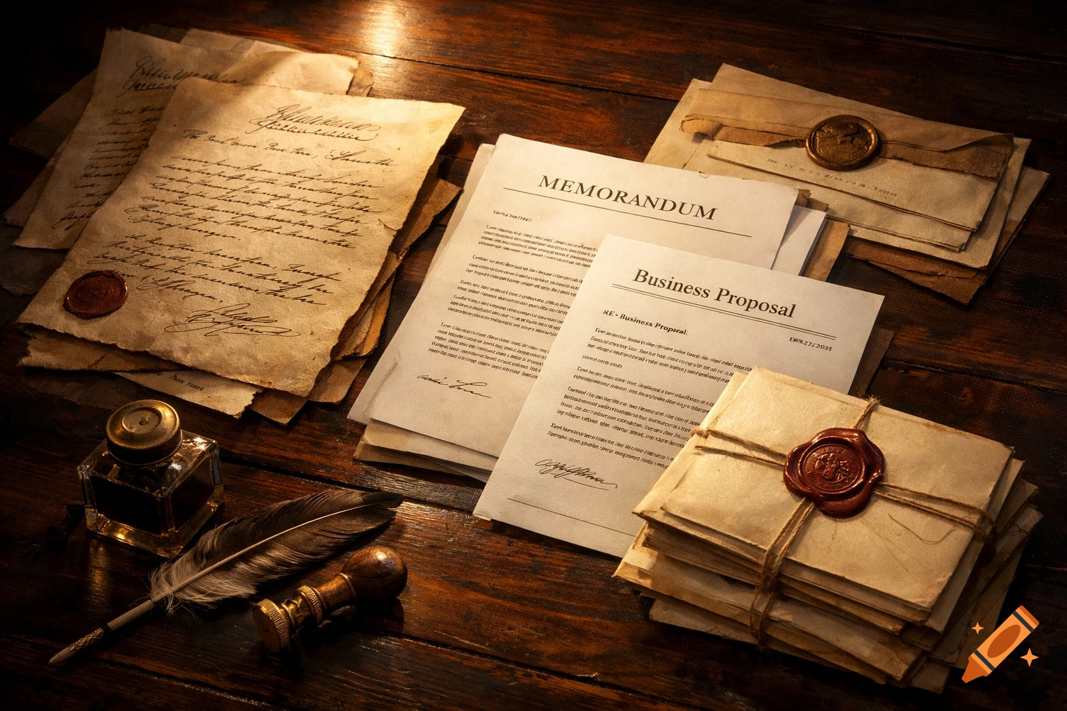 A still life shot of old documents, sealed envelopes, a quill, and an inkwell on a wooden desk, lit by warm light.