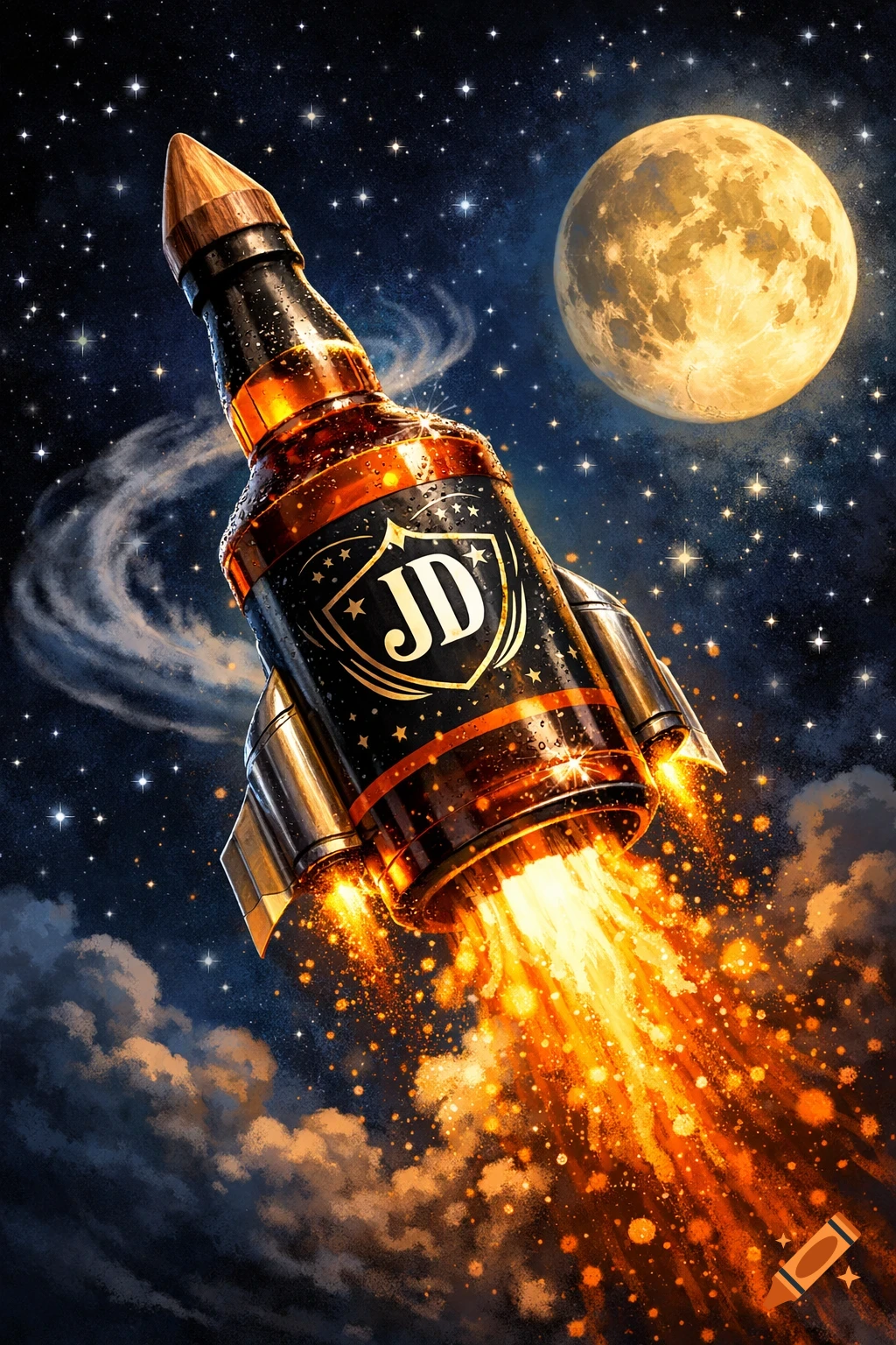 A Jack Daniel's bottle, designed as a rocket, blasts through starry space towards a full moon, leaving a fiery trail.