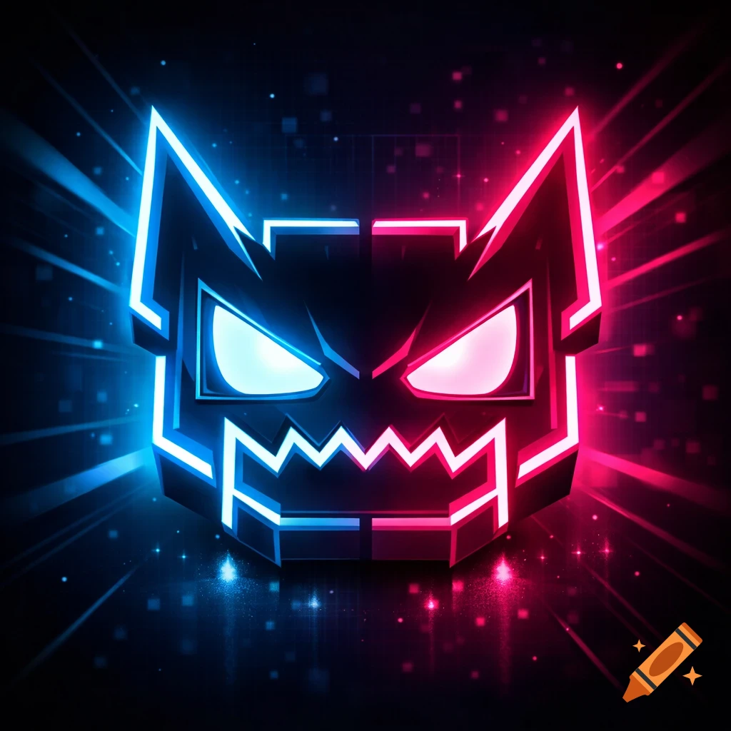 Stylized aggressive monster face logo with glowing blue and pink neon outlines against a dark, futuristic background.