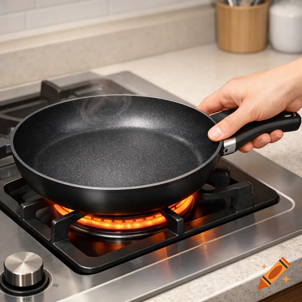 A hand holds a black frying pan over a glowing red burner on a stainless steel stove in a kitchen.