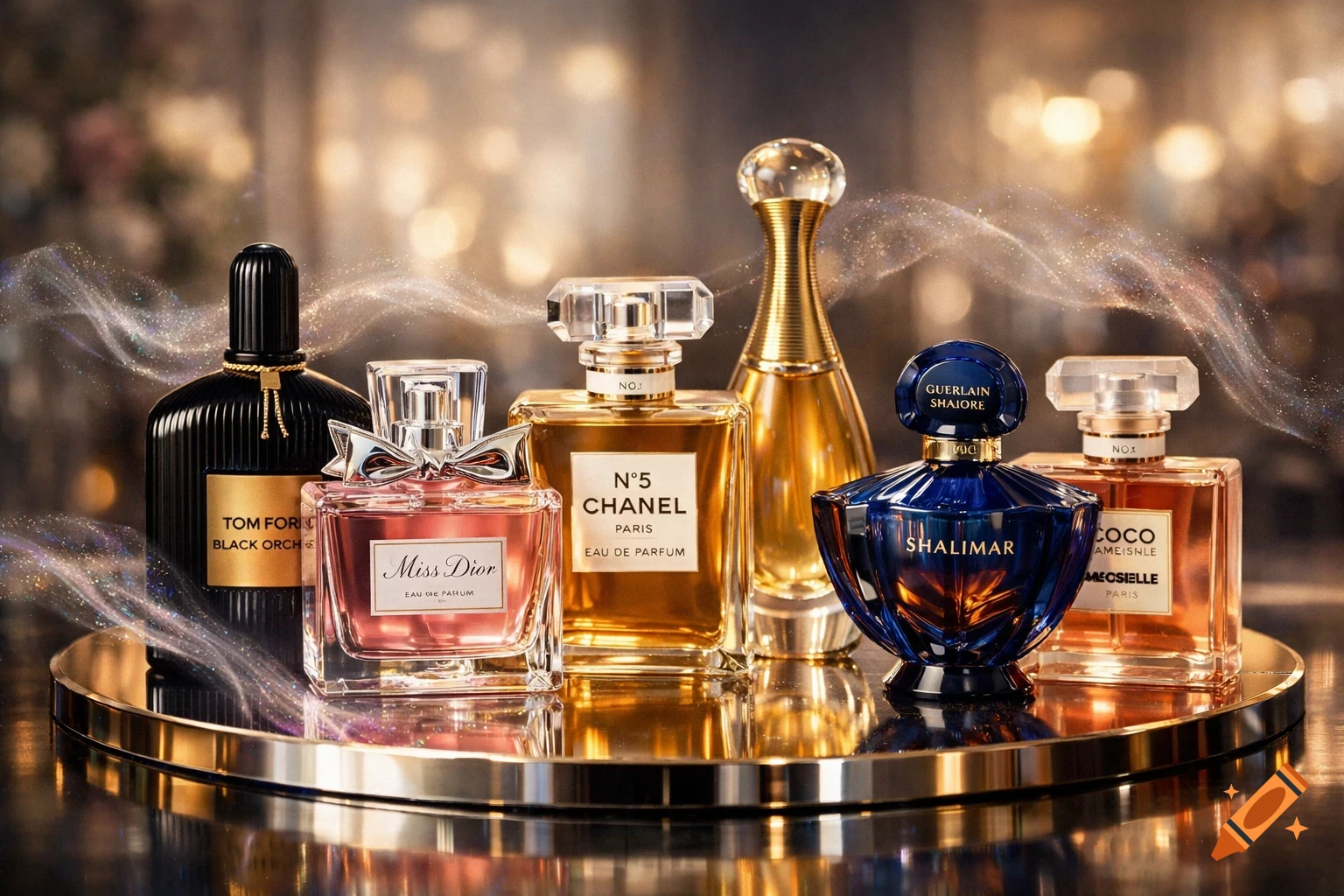 A luxurious display of various high-end perfume bottles, including Miss Dior, Chanel N05, and Shalimar, on a reflective gold tray with sparkling light effects.