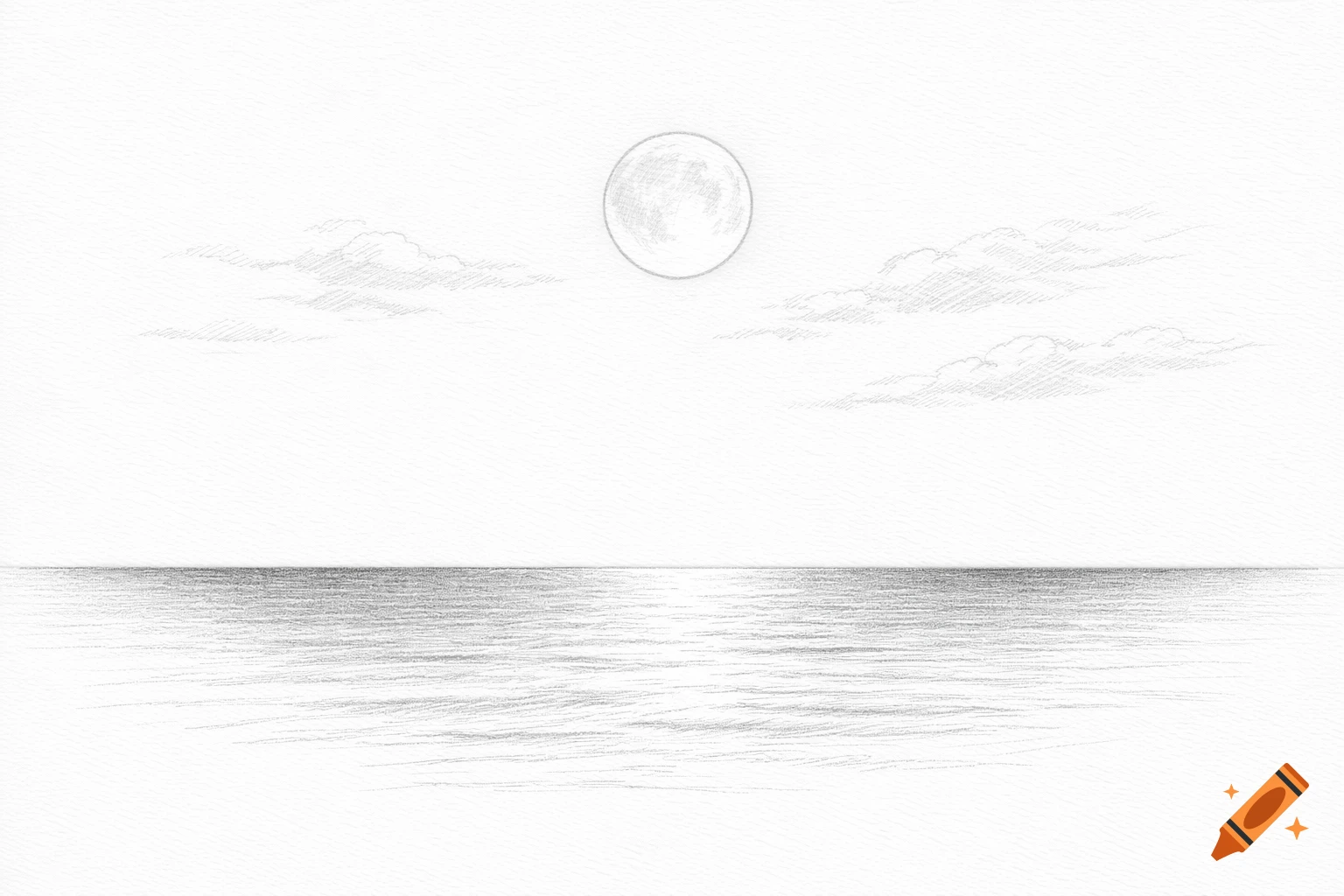 A monochrome pencil drawing of a full moon over a calm sea with distant clouds.