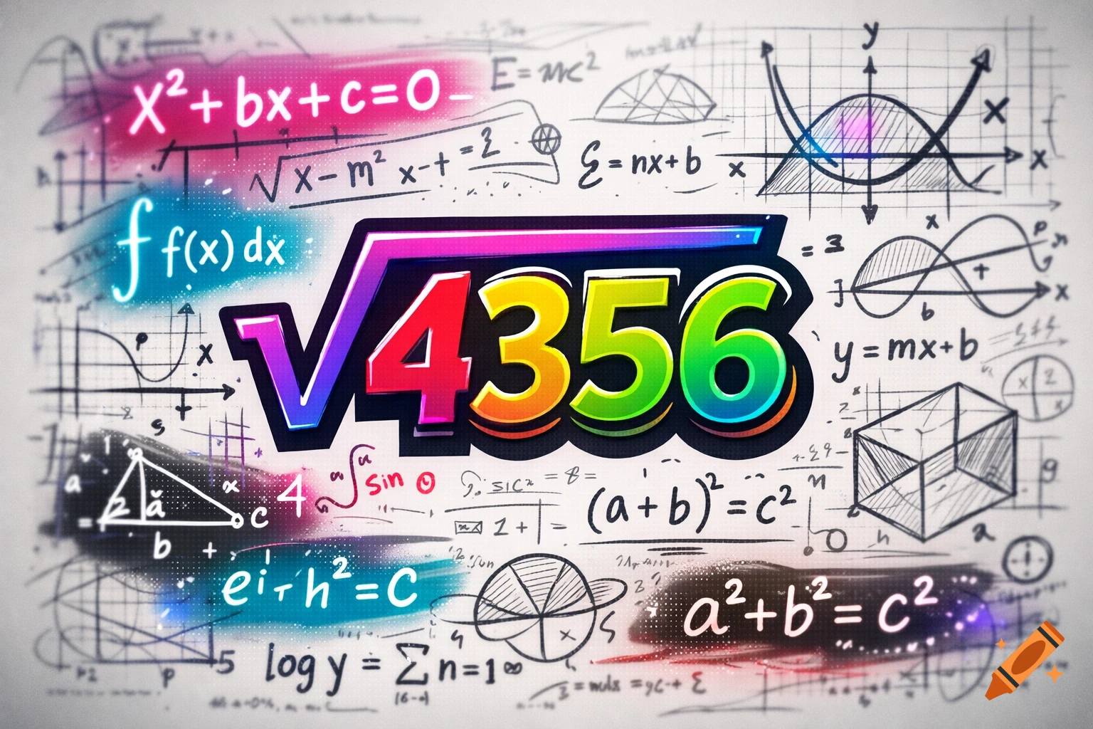 Colorful square root of 4356 against a white background filled with various handwritten mathematical formulas and diagrams.