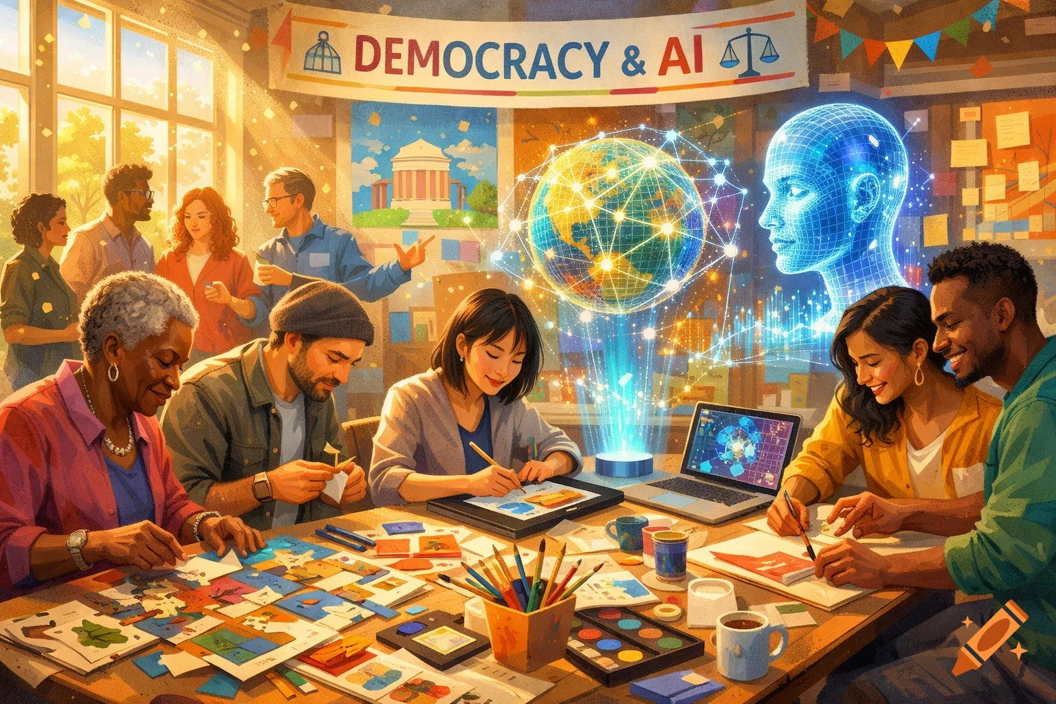 A diverse group of people collaborating at a workshop table with holographic globes and AI, under a banner reading 'DEMOCRACY & AI'.