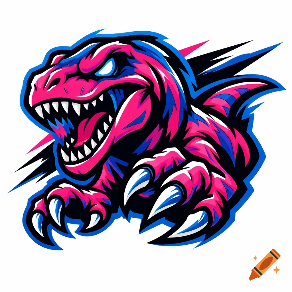 A cartoonish, fierce raptor logo in pink, blue, and black, featuring ...