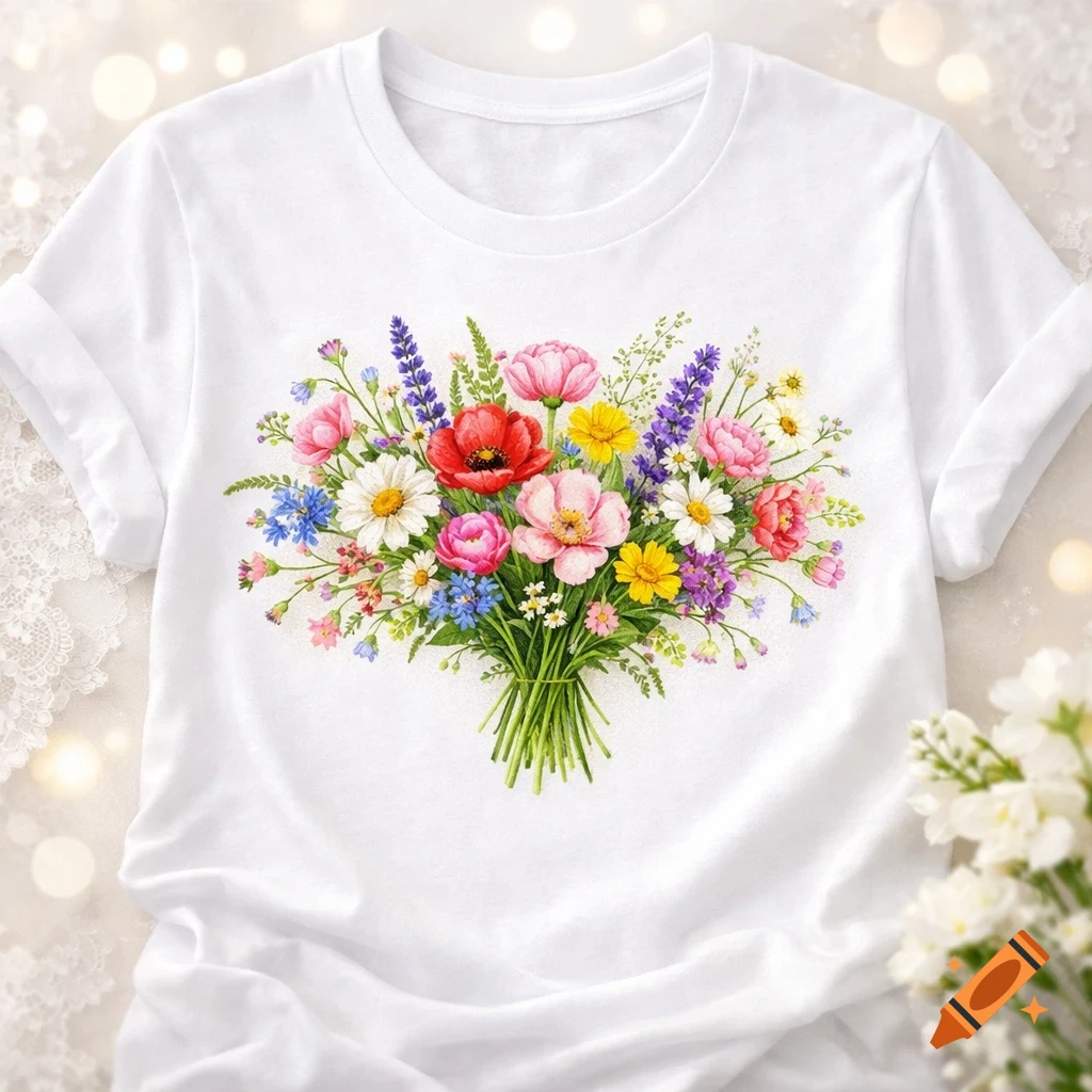 A white t-shirt features a vibrant illustration of a diverse bouquet of colorful wildflowers including poppies, daisies, and lavender.