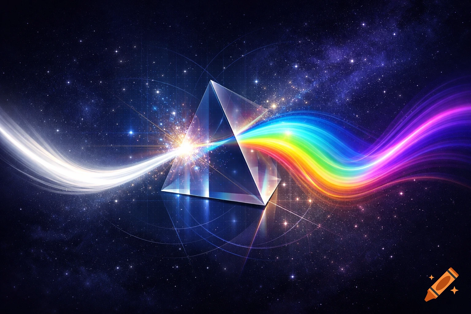 A glass prism in deep space refracts a white light beam into a vibrant rainbow against a starry background.