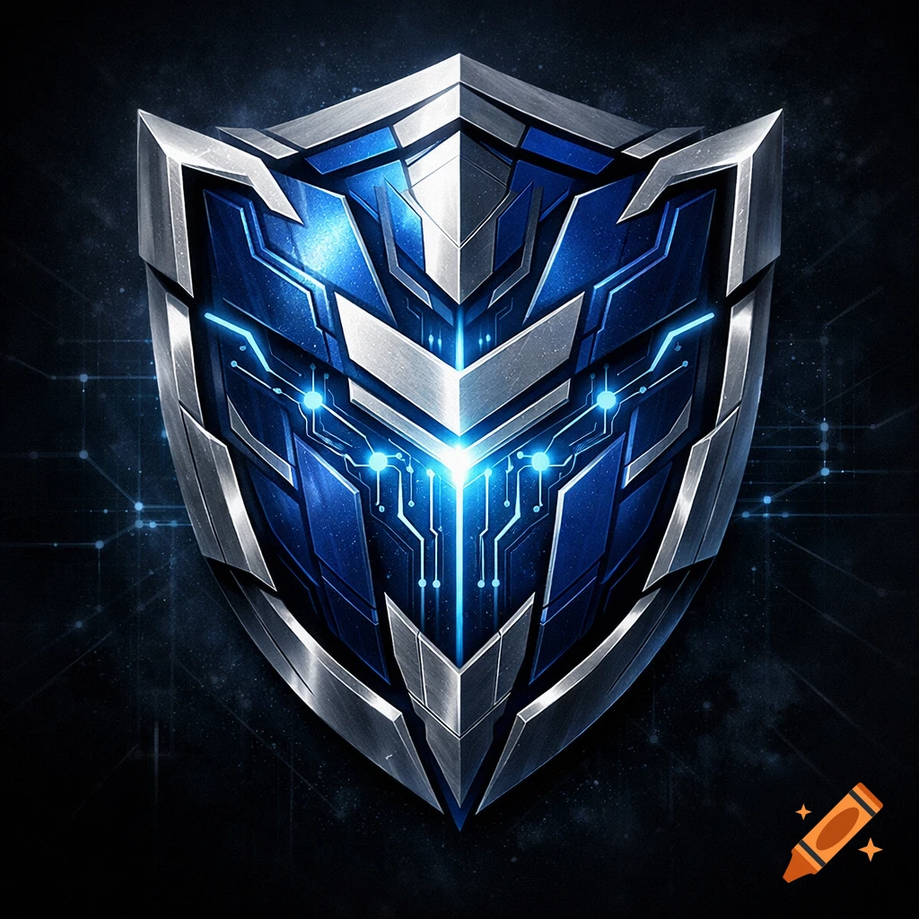 A futuristic blue and silver shield emblem with glowing circuit board patterns on a dark background.