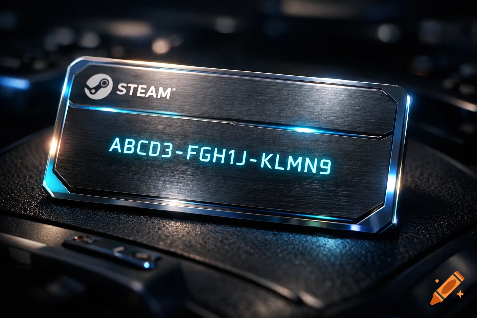 Steam Key Cart A close-up of a metallic Steam game key card with a glowing blue ...