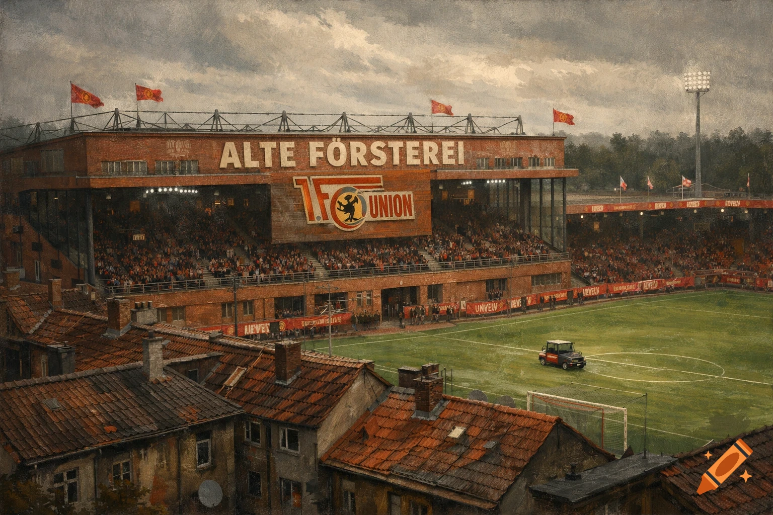 Overhead view of Alte Försterei football stadium, packed with fans, surrounded by houses under a cloudy sky, in a textured painterly style.