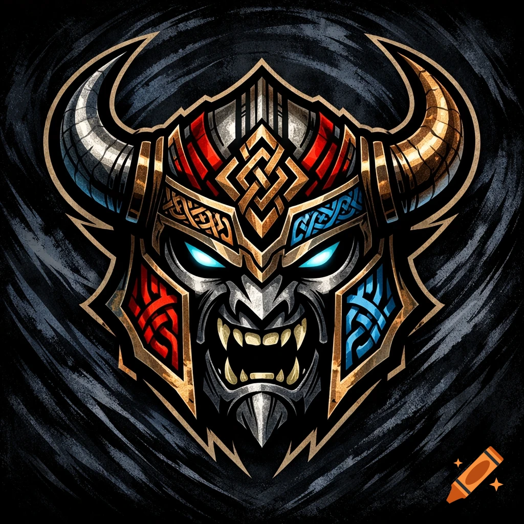 Stylized Viking helmet logo with glowing blue eyes, fangs, and intricate gold, red, and blue Celtic knot patterns.