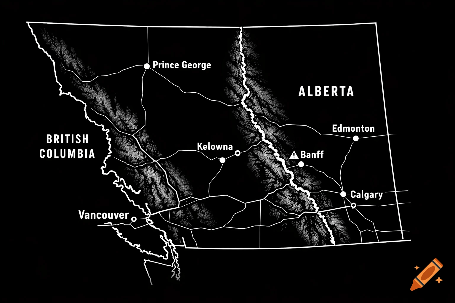 Black and white map of British Columbia and Alberta, Canada, showing major cities and mountain ranges.