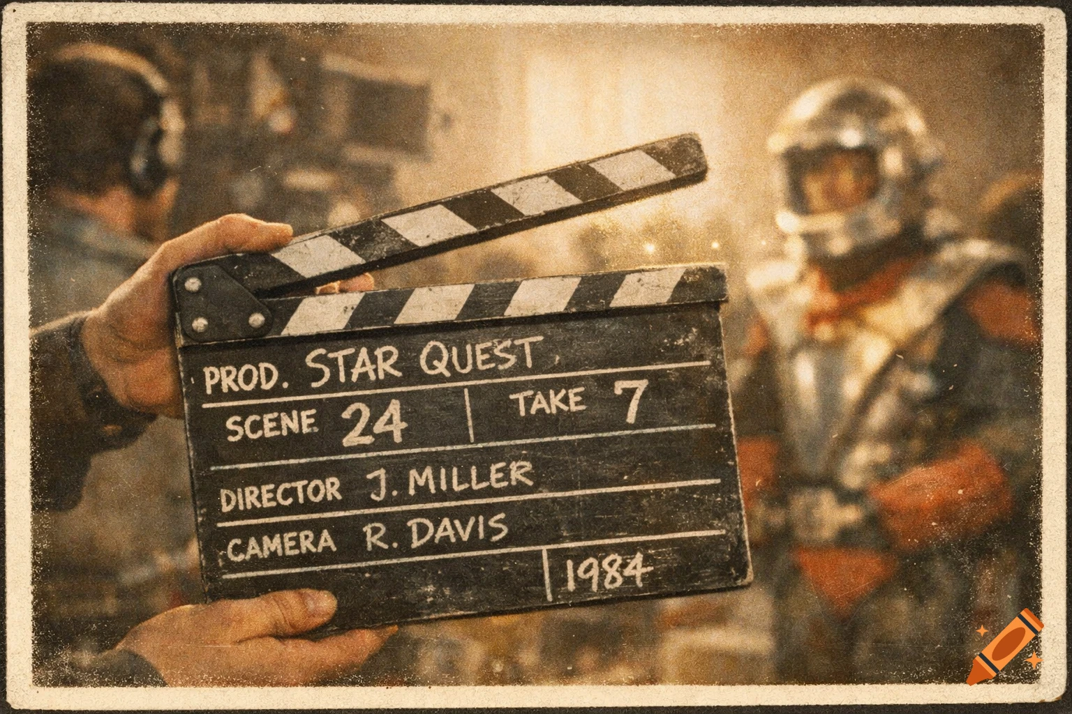 Hands hold a retro clapperboard for 'STAR QUEST' 1984, with a blurred sci-fi character in the background.