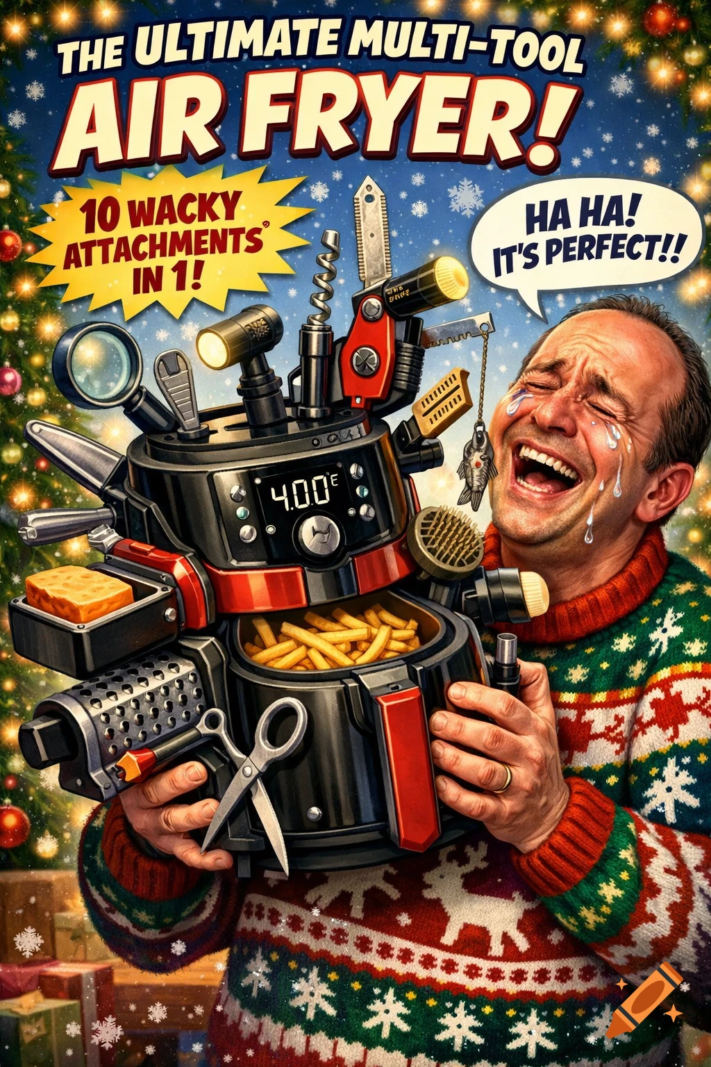 A humorous Christmas ad shows a man in a festive sweater crying tears of joy, holding an absurd air fryer with many useless attachments.