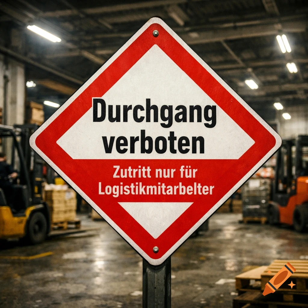 A red and white diamond-shaped warning sign in a warehouse, reading 'Durchgang verboten' and 'Zutritt nur für Logistikmitarbeiter'.