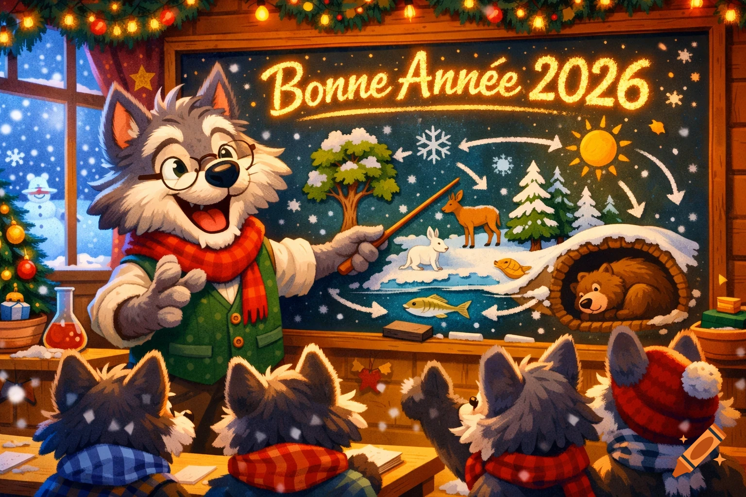 A festive cartoon wolf professor teaches wolf students in a winter classroom. 'Bonne Année 2026' is on the chalkboard.