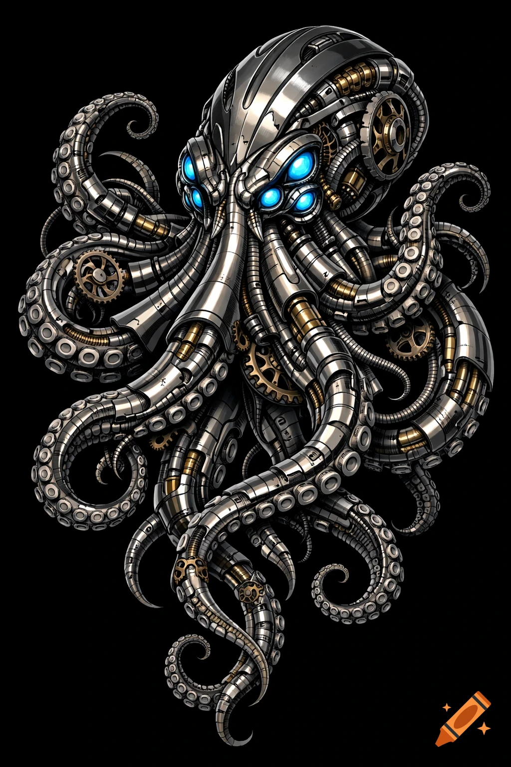 Detailed biomechanical octopus with metallic body, gears, glowing blue eyes, and twisting tentacles on a black background.