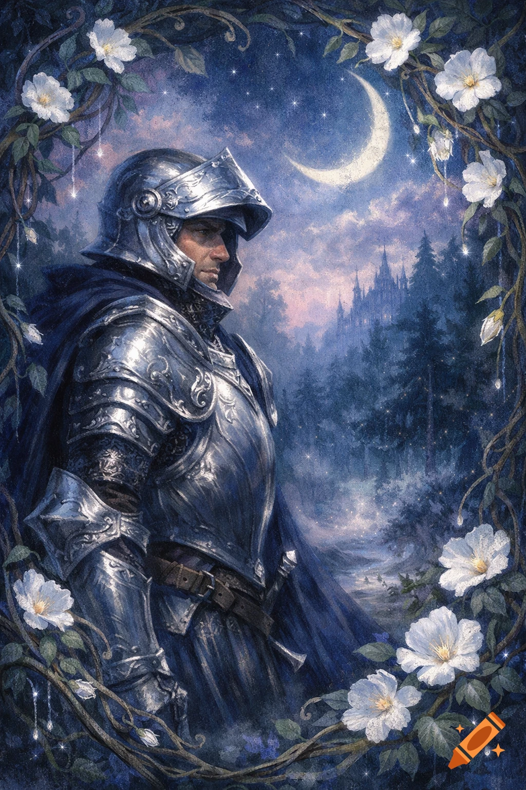 A knight in ornate armor stands in an enchanted forest under a crescent moon, framed by white flowering vines, with a castle in the distance, digital art.