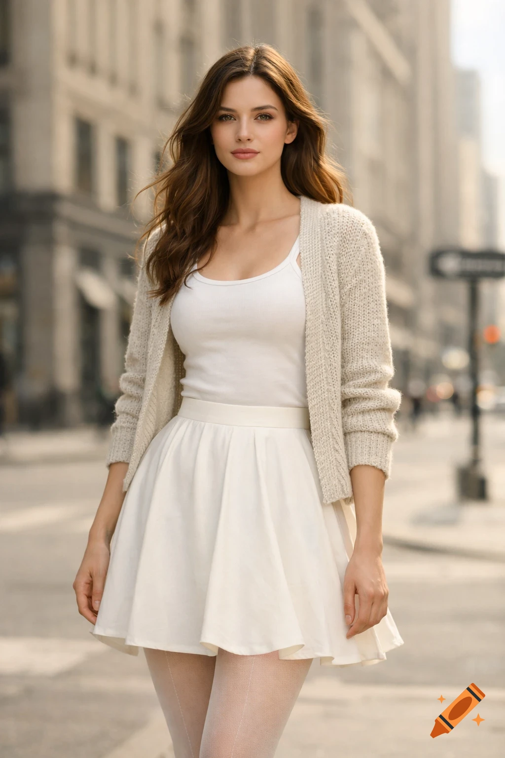 A photorealistic portrait of a young woman with brown hair, wearing a white tank top, beige cardigan, and white skirt, standing on a city street.
