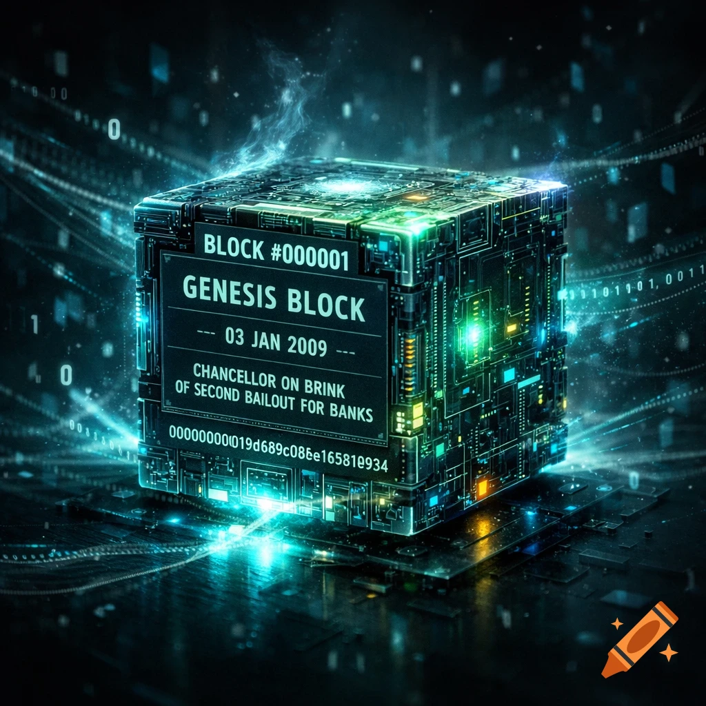 A glowing, circuit-covered digital block, labeled 'GENESIS BLOCK' with '03 JAN 2009' and a financial headline.