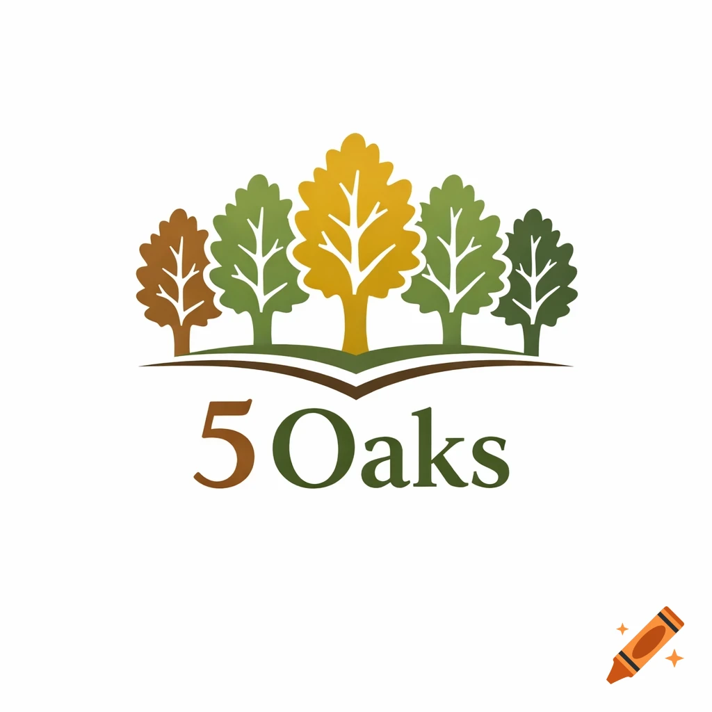 A logo with five stylized trees in green, brown, and yellow, above the text '5 Oaks' on a white background.