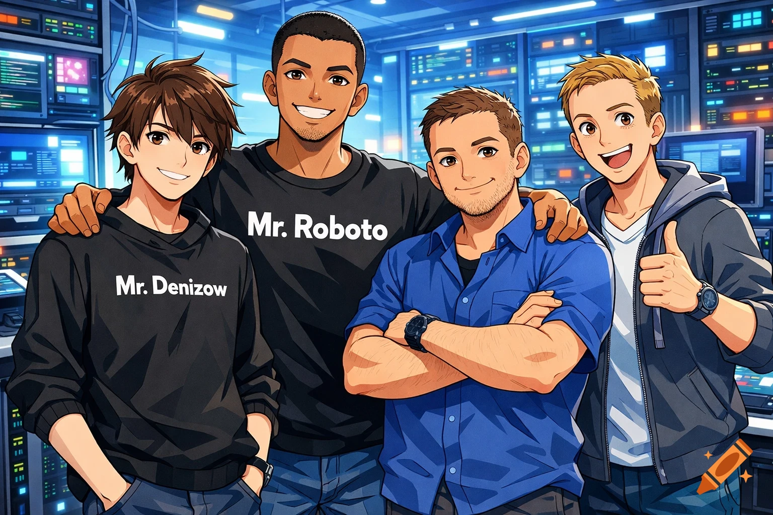 Four smiling anime-style men, two wearing shirts with 'Mr. Denizow' and 'Mr. Roboto', in an IT server room.